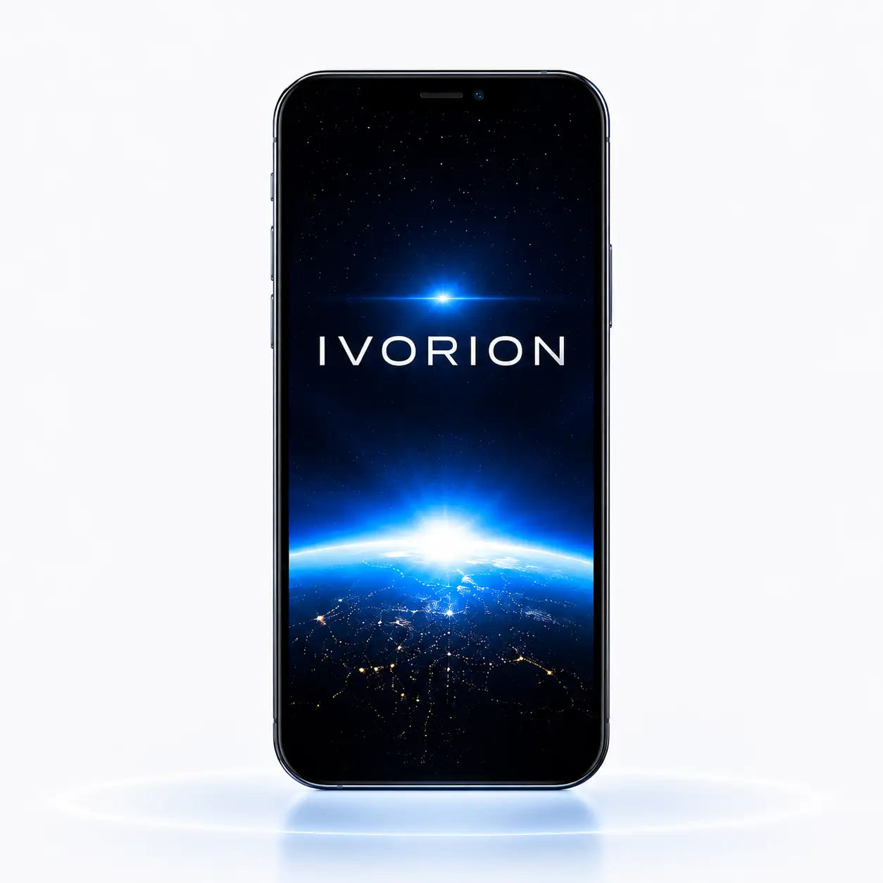 Black iphone with a sleek, minimalist design and an illuminated screen displaying the ’ivorion’ logo against a cosmic blue backdrop.