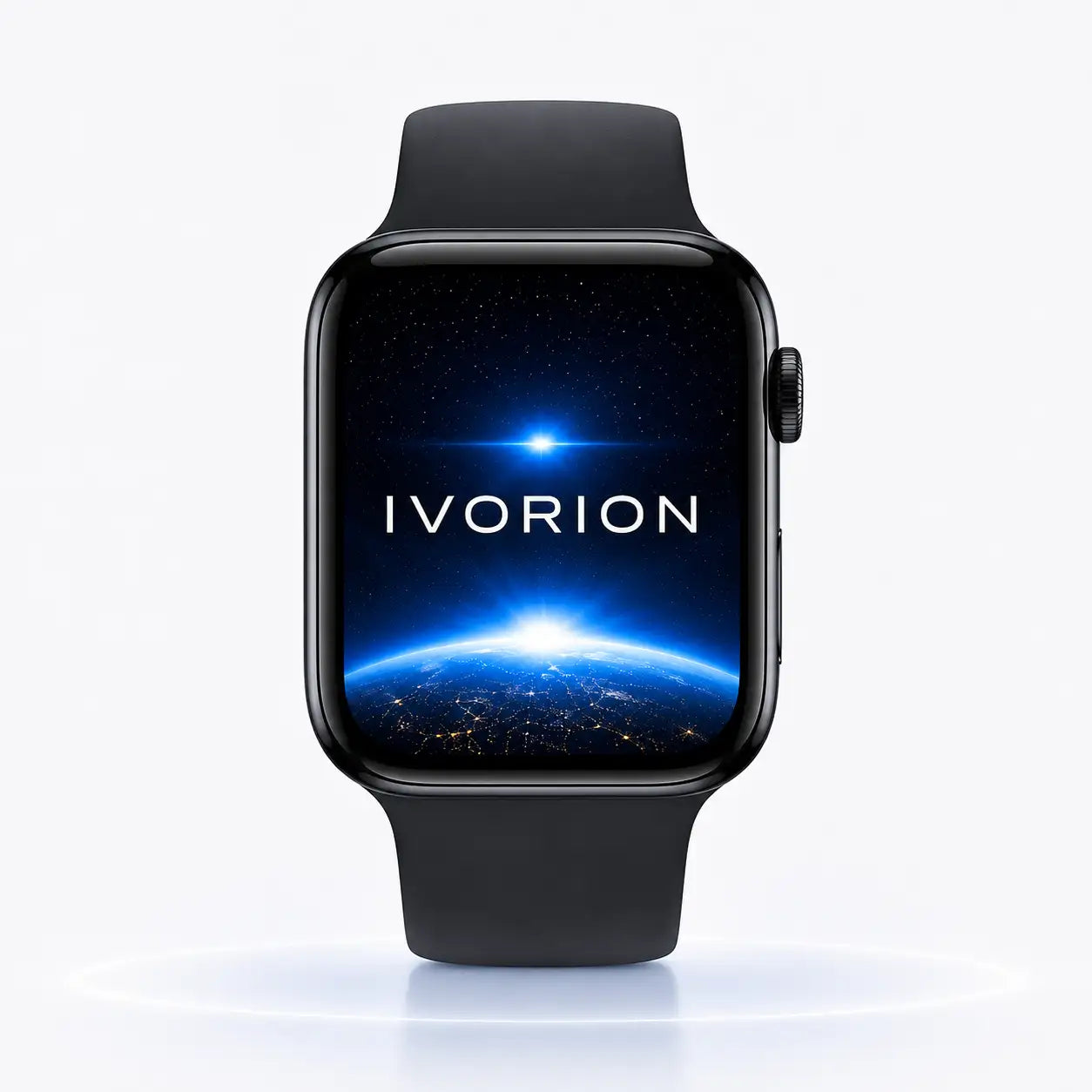 Black ivorion smartwatch with a sleek, rounded rectangular case and matching silicone band.