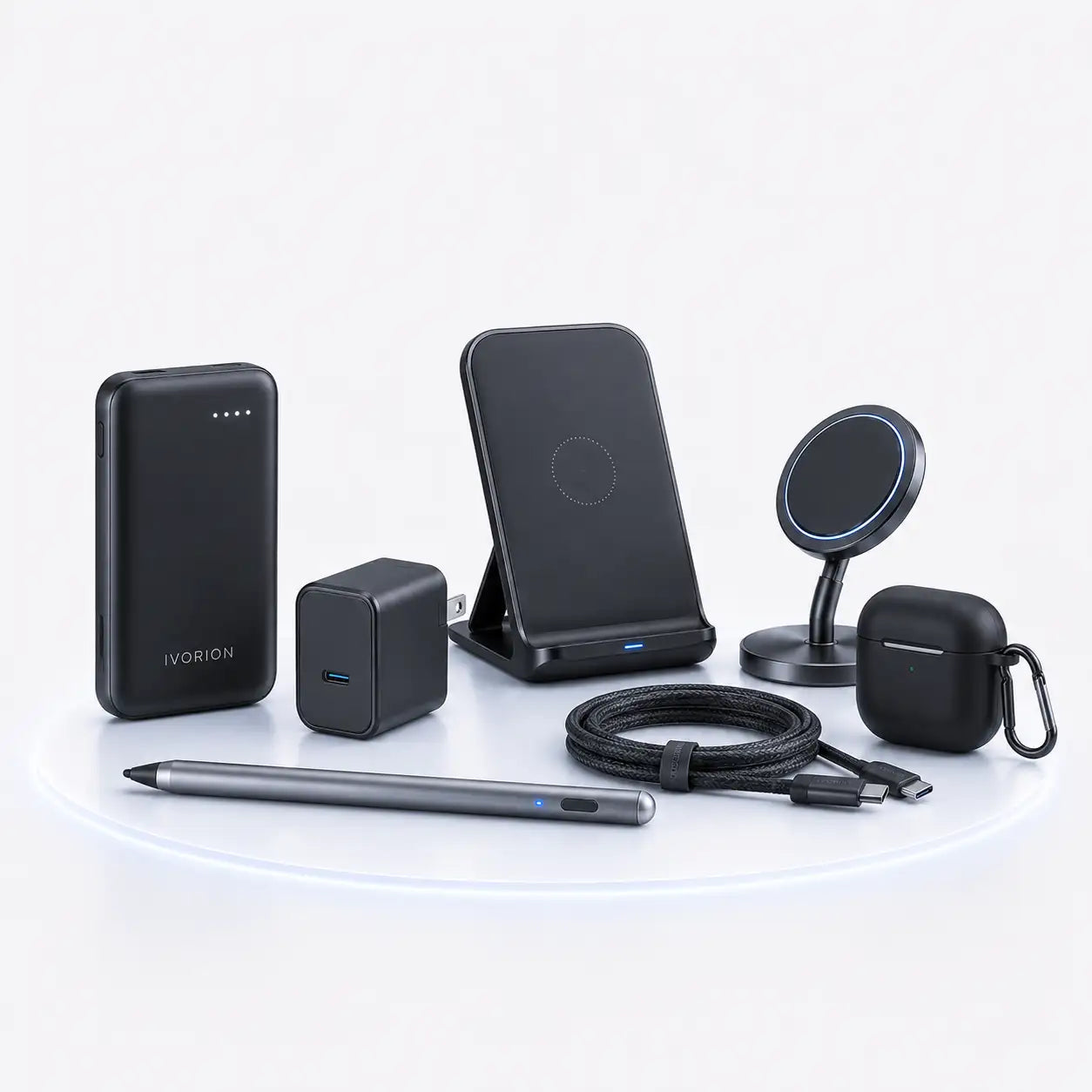 Black ivorion wireless charging station with circular induction pad and blue led indicator