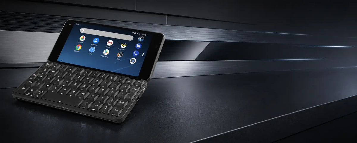 Black keyboard-equipped tablet device with a sleek, modern design and glossy finish.