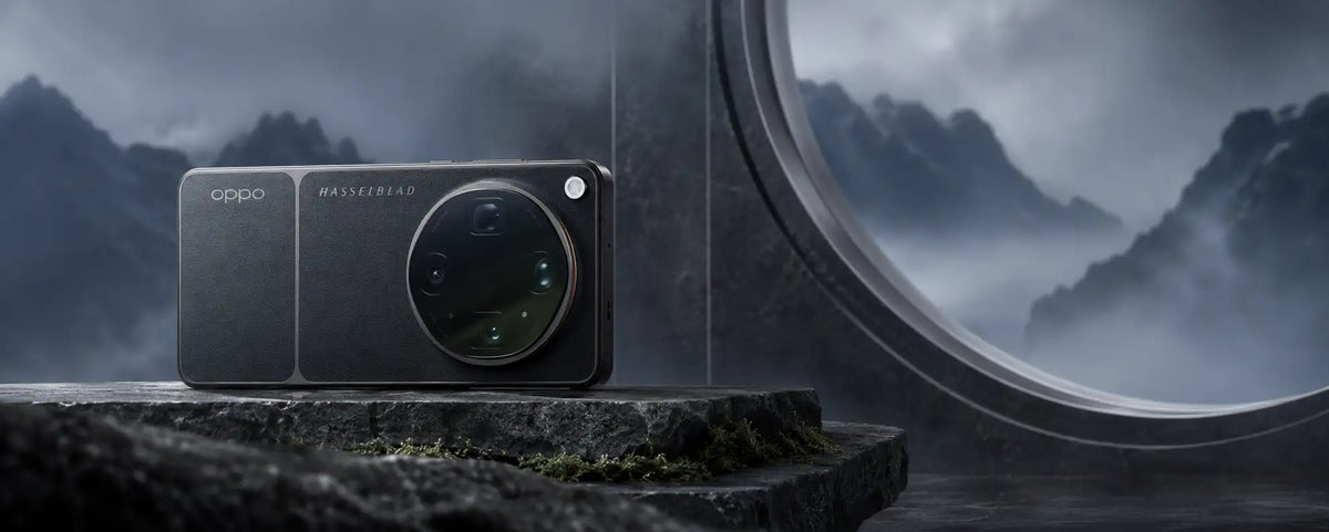 Black matte-finish oppo find x5 pro smartphone with a circular camera module and ’masseur’ branding on the back.