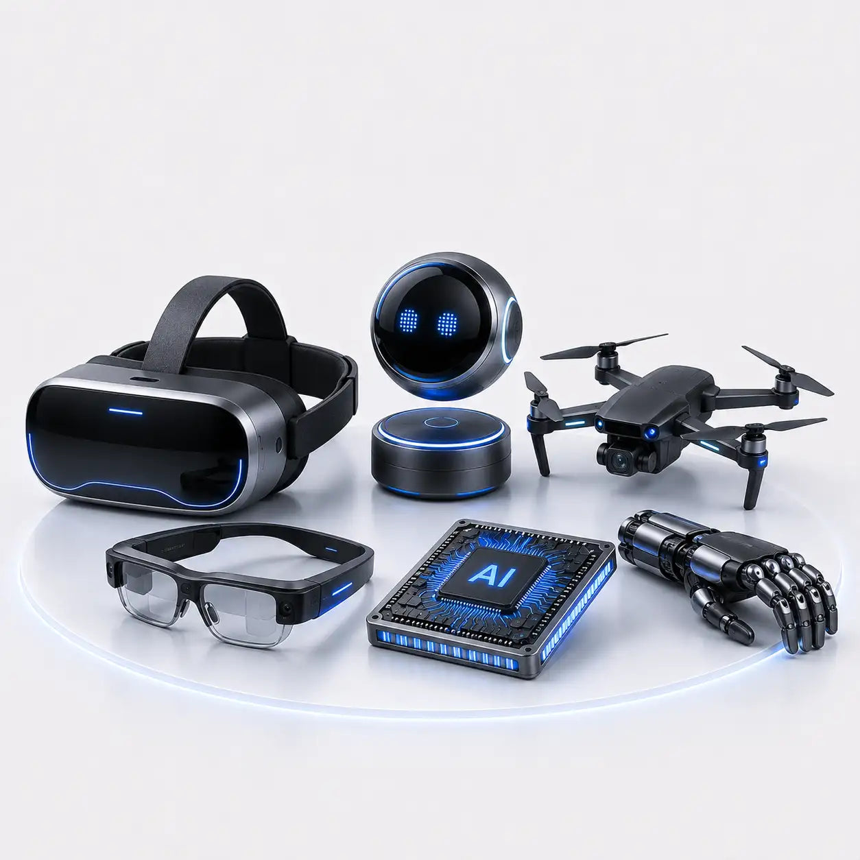 Black and silver vr headset with blue glowing accents
