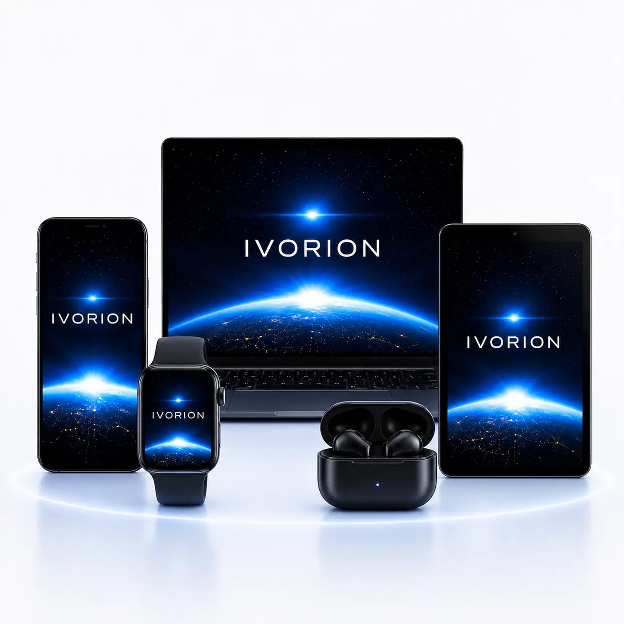 Black wireless earbuds in a sleek, matte-finish charging case with a subtle blue light indicator.