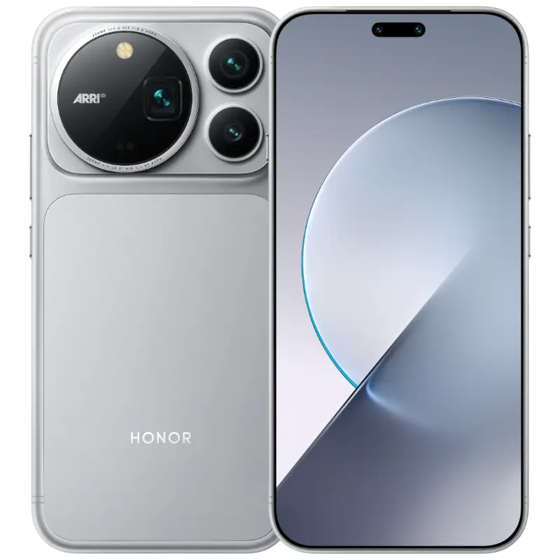 HONOR Magic9 Pro Max in Glacier Silver, front and rear view