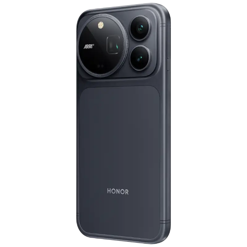 HONOR Magic9 Pro Max in Shadow Black, rear three-quarter view, second angle
