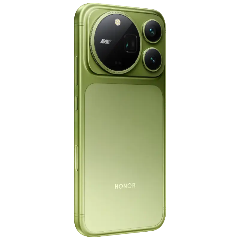 HONOR Magic9 Pro Max in Moss Green, rear three-quarter view, first angle