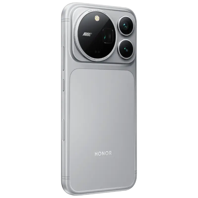 HONOR Magic9 Pro Max in Glacier Silver, rear three-quarter view, first angle