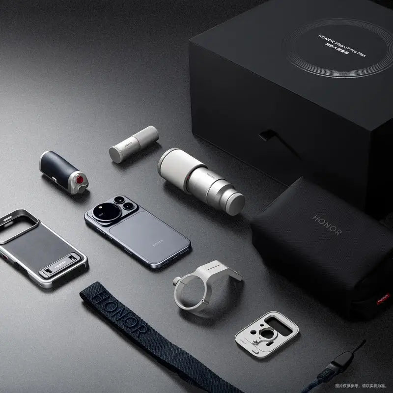 HONOR Magic9 Pro Max Photography Master Kit in Shadow Black, phone and kit accessories arranged beside the box