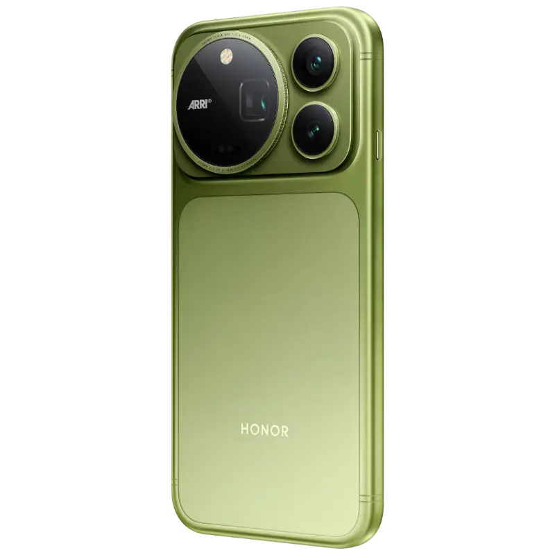 HONOR Magic9 Pro Max in Moss Green, rear three-quarter view, second angle