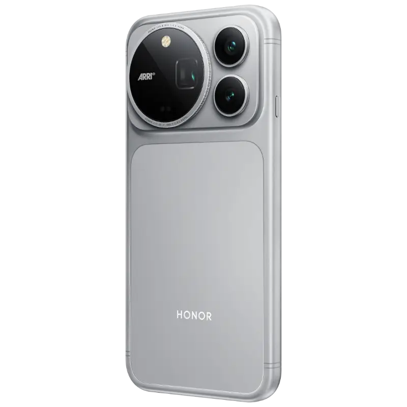 HONOR Magic9 Pro Max in Glacier Silver, rear three-quarter view, second angle