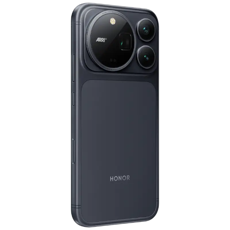 HONOR Magic9 Pro Max in Shadow Black, rear three-quarter view, first angle