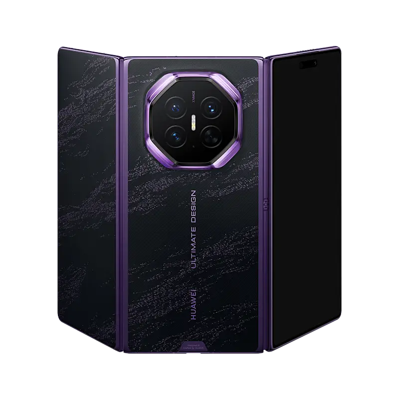 HUAWEI Mate XT 2 ULTIMATE DESIGN Brocade Purple unfolded rear three-quarter view
