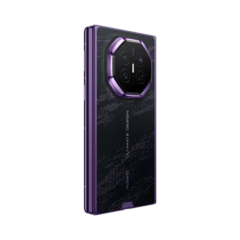 HUAWEI Mate XT 2 ULTIMATE DESIGN Brocade Purple folded rear left three-quarter view