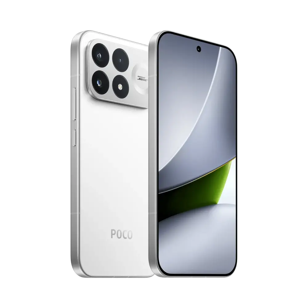 POCO F9 Pro White angled front and back