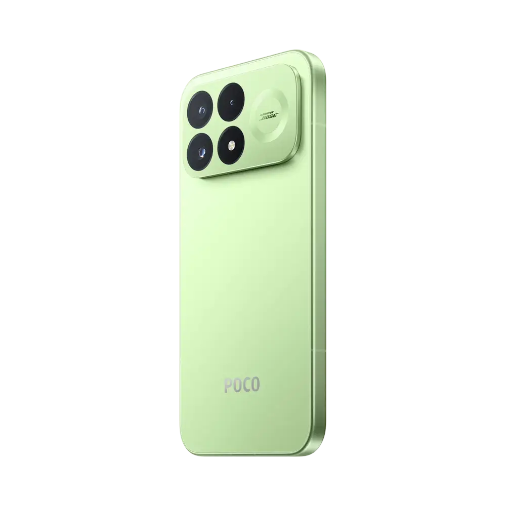 POCO F9 Pro Aurora Green angled rear detail
