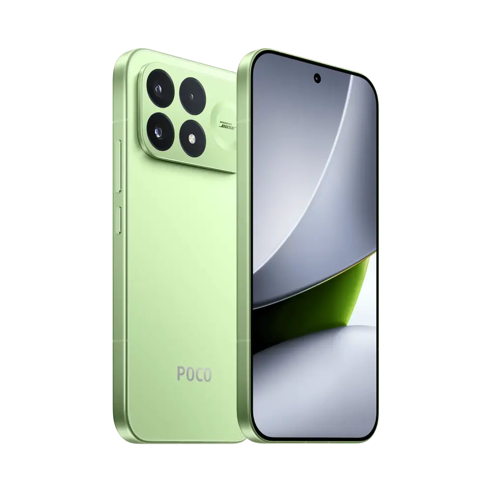 POCO F9 Pro Aurora Green angled front and back