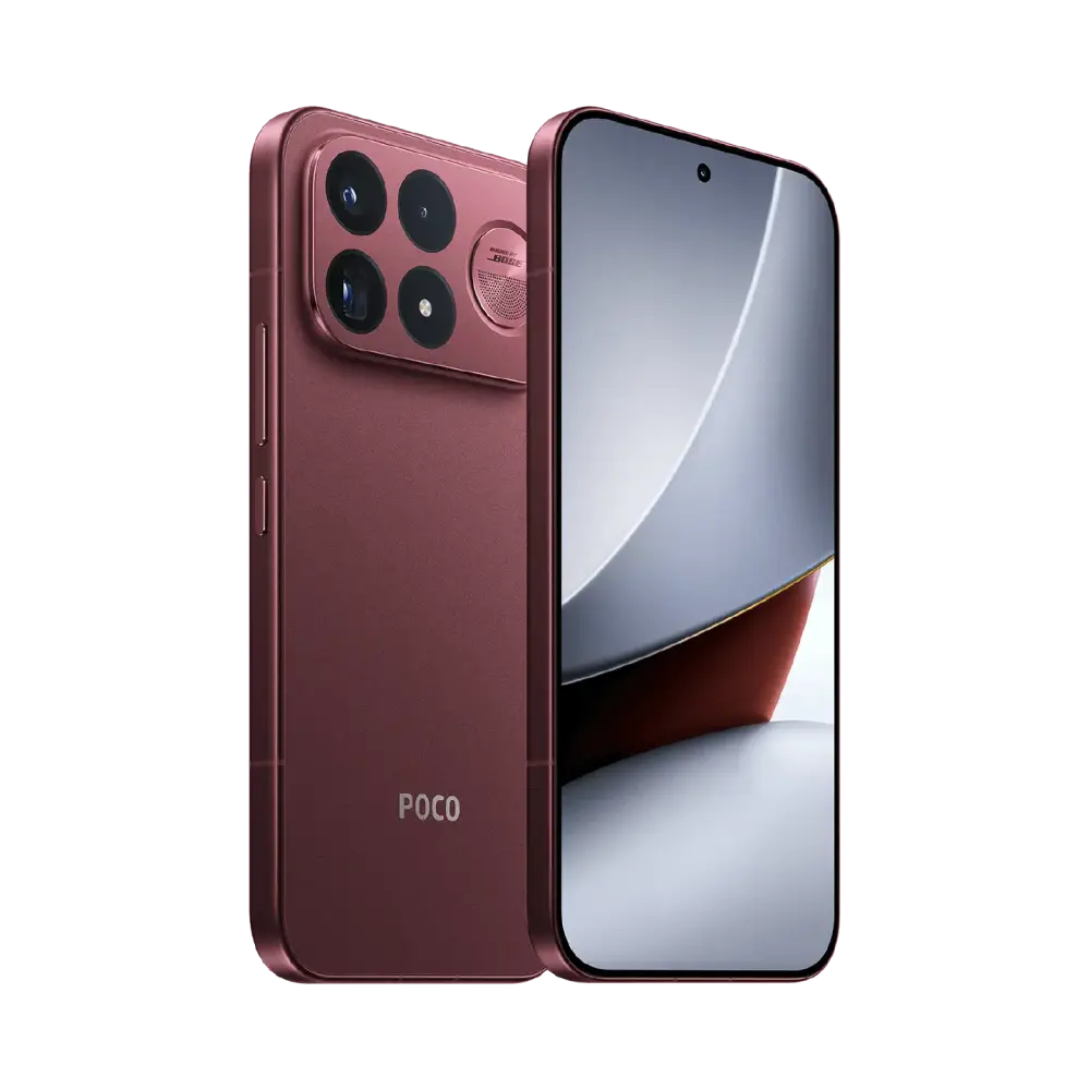 POCO F9 Ultra Dark Cherry, angled front and back