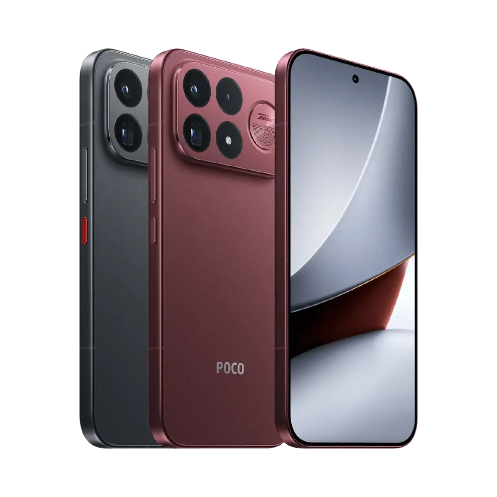 POCO F9 Ultra Black and Dark Cherry, both colors with front and back views