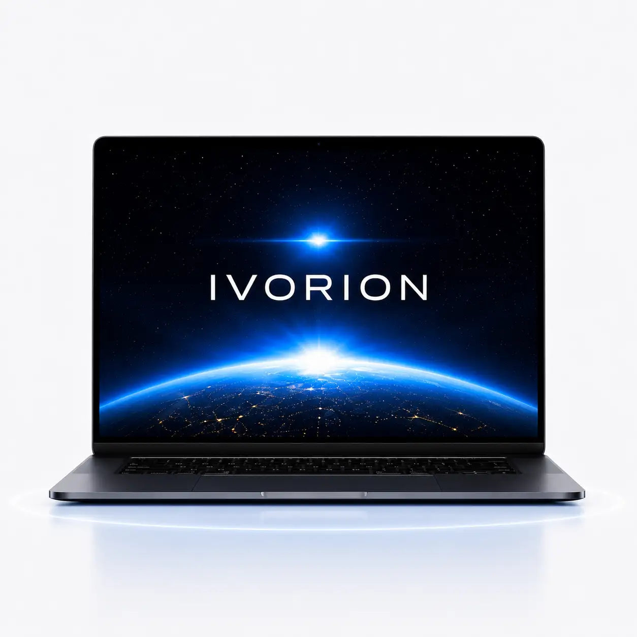Silver ivorion laptop with a sleek, minimalist design and an expansive display showing a cosmic scene.