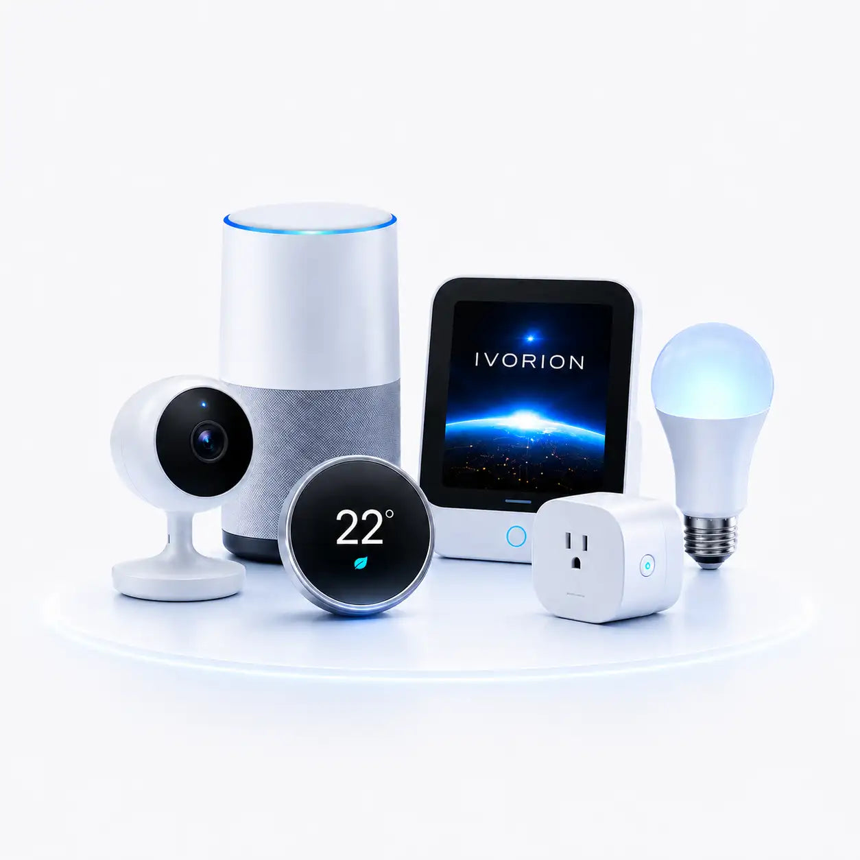 White cylindrical smart speaker with a blue light ring at the top and textured gray lower half